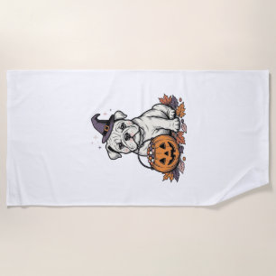 Vintage Engraved Halloween Bulldog Pumpkin Design_ Beach Towel