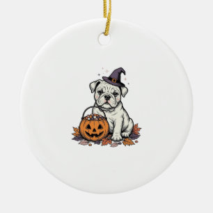 Vintage Engraved Halloween Bulldog Pumpkin Design_ Ceramic Ornament