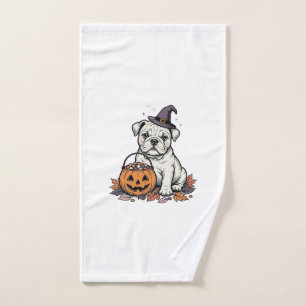 Vintage Engraved Halloween Bulldog Pumpkin Design_ Hand Towel