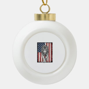 Vintage Engraved Tiger American Flag Patriotic Des Ceramic Ball Christmas Ornament