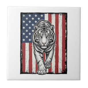 Vintage Engraved Tiger American Flag Patriotic Des Ceramic Tile