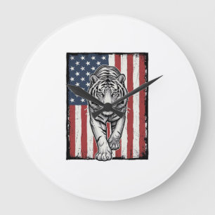 Vintage Engraved Tiger American Flag Patriotic Des Large Clock