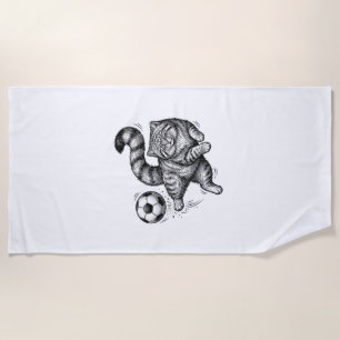 Vintage Engraving Cat Soccer Kick Shirt Design (4) Beach Towel