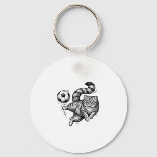 Vintage Engraving Cat Soccer Kick Shirt Design (4) Key Ring