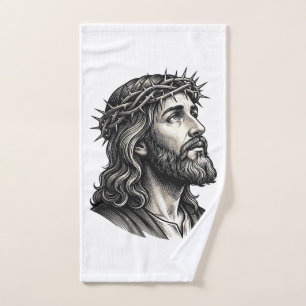 Vintage Engraving Crown of Thorns Portrait Design_ Hand Towel