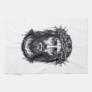 Vintage Engraving Crown of Thorns Sacred Portrait Tea Towel