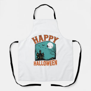Vintage Engraving Happy Halloween Haunted House De Apron