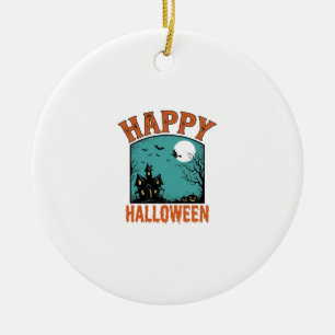 Vintage Engraving Happy Halloween Haunted House De Ceramic Ornament