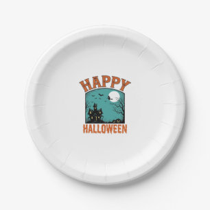 Vintage Engraving Happy Halloween Haunted House De Paper Plate