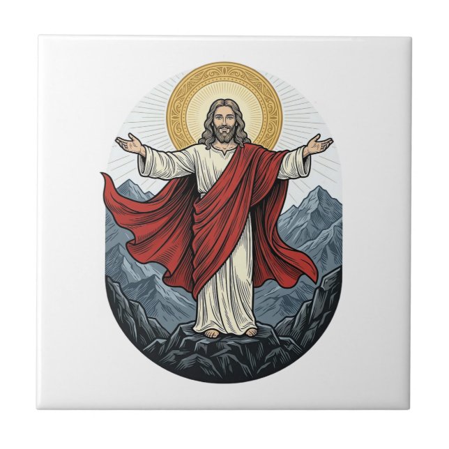 Vintage Engraving Jesus Mountain Shirt Ceramic Tile (Front)