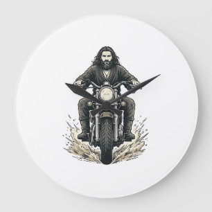 Vintage Engraving Motorcycle Rider Vector Design_1 Large Clock