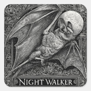 Vintage Engraving of a Bat Flying Under Full Moon Square Sticker