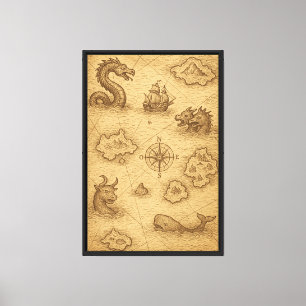 Vintage Engraving of Ancient Map with Sea Monsters Canvas Print
