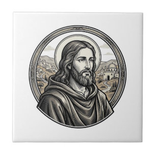Vintage Engraving Religious Portrait Shirt Ceramic Tile