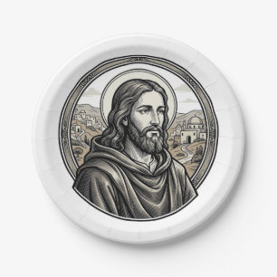 Vintage Engraving Religious Portrait Shirt Paper Plate