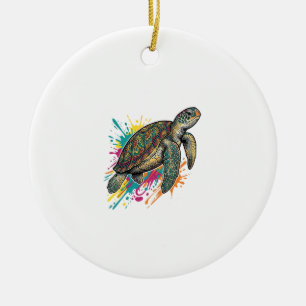 Vintage Engraving Sea Turtle Colour Splash Shirt_1 Ceramic Ornament