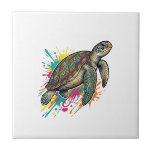 Vintage Engraving Sea Turtle Colour Splash Shirt_1 Ceramic Tile