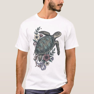 Vintage Engraving Sea Turtle Floral Vector Design_ T-Shirt