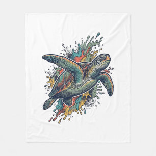 Vintage Engraving Sea Turtle Splash Vector Design_ Fleece Blanket
