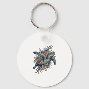 Vintage Engraving Sea Turtle Splash Vector Design_ Key Ring
