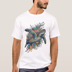 Vintage Engraving Sea Turtle Splash Vector Design_ T-Shirt
