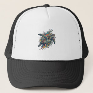 Vintage Engraving Sea Turtle Splash Vector Design_ Trucker Hat