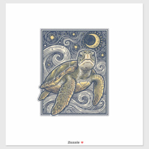 Vintage Engraving Sea Turtle Starry Night