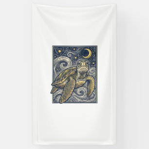 Vintage Engraving Sea Turtle Starry Night Banner