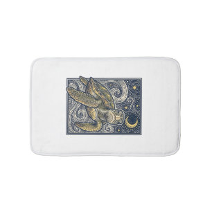 Vintage Engraving Sea Turtle Starry Night Bath Mat