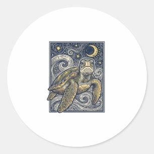 Vintage Engraving Sea Turtle Starry Night Classic Round Sticker