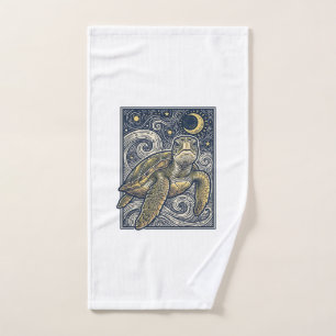 Vintage Engraving Sea Turtle Starry Night Hand Towel