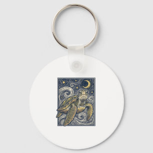 Vintage Engraving Sea Turtle Starry Night Key Ring