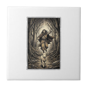 Vintage Engraving Shepherd and Lamb Forest Ceramic Tile