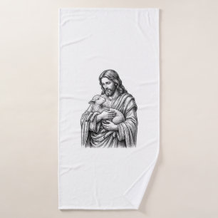 Vintage Engraving Shepherd Holding Lamb Vector Des Bath Towel