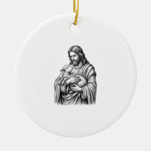 Vintage Engraving Shepherd Holding Lamb Vector Des Ceramic Ornament