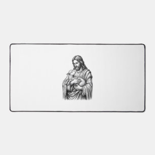 Vintage Engraving Shepherd Holding Lamb Vector Des Desk Mat