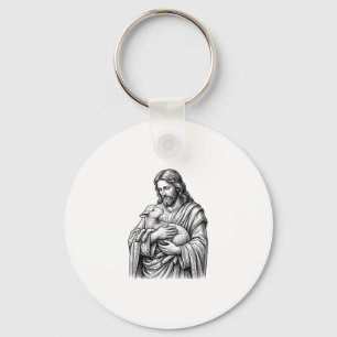 Vintage Engraving Shepherd Holding Lamb Vector Des Key Ring