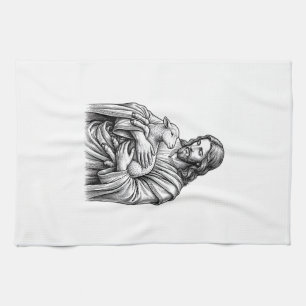 Vintage Engraving Shepherd Holding Lamb Vector Des Tea Towel