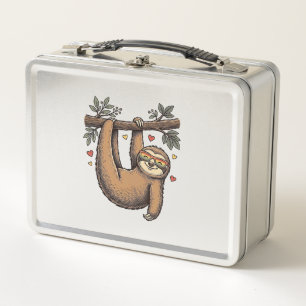 Vintage Engraving Sloth Heart Rainbow Shirt Design Metal Lunch Box