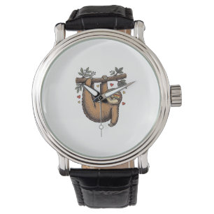 Vintage Engraving Sloth Heart Rainbow Shirt Design Watch