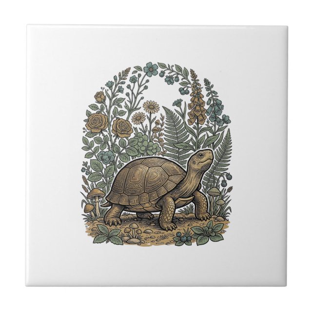 Vintage Engraving Turtle Botanical Garden Ceramic Tile (Front)
