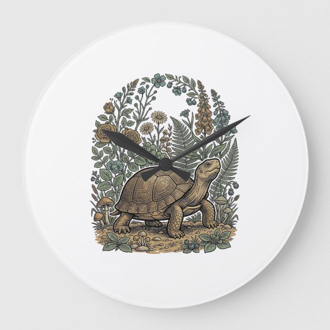 Vintage Engraving Turtle Botanical Garden Large Clock (Front)