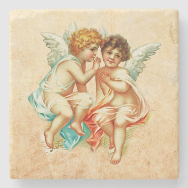 Vintage Ephemera Angel Cherubs Illustration Stone Coaster (Front)