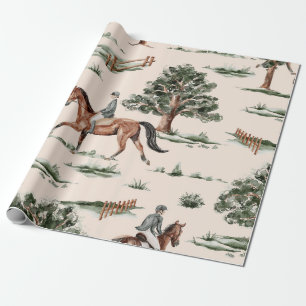 Vintage Equestrian Horse Rider Watercolor Pattern Wrapping Paper
