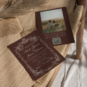 Vintage Espresso Old Money Photo QR Code Wedding Invitation