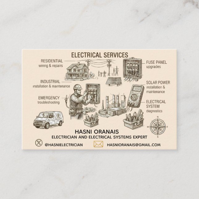 Vintage Etching Style Electrician Business Card -  (Front)