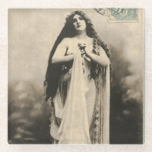 Vintage Ethereal Goddess Postcard Glass Coaster