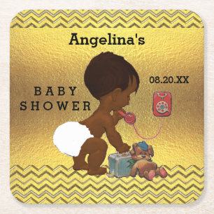 Vintage Ethnic Baby on Phone Gold Chevrons Square Paper Coaster