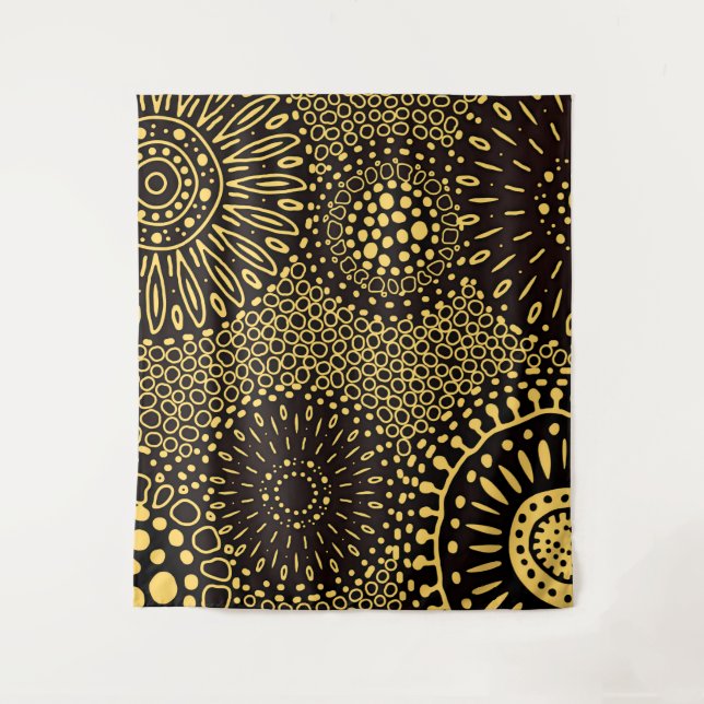 Vintage Ethnic Floral Black Gold Pattern Tapestry (Front)