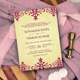 Vintage Ethnic Pink Damask Indian Wedding Invitation